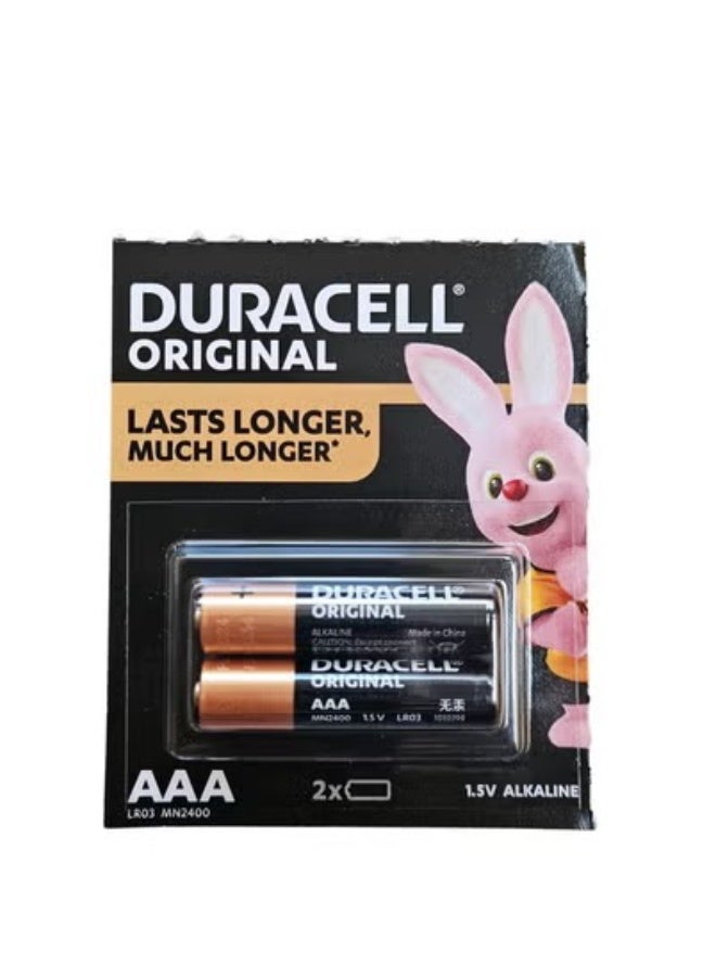 Two Duracell AAA alkaline batteries, 1.5V, MN2400 LR03, long-lasting power, leak-proof design